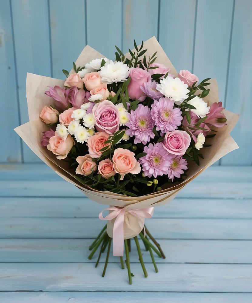 Букет цветов из: Хризантемы, Розы и Альстромерии в Степаньково