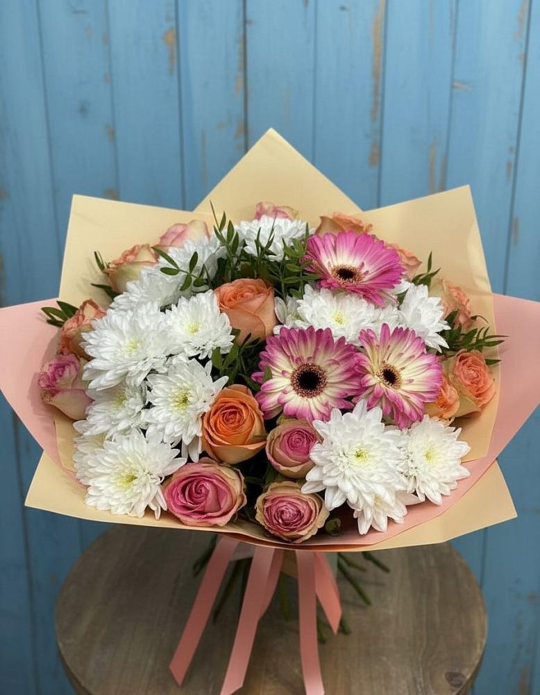 Букет цветов из: Розы, Герберы и Хризантемы в Степаньково