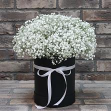 Цветочная композиция из Гипсофила в шляпной коробке в Степаньково